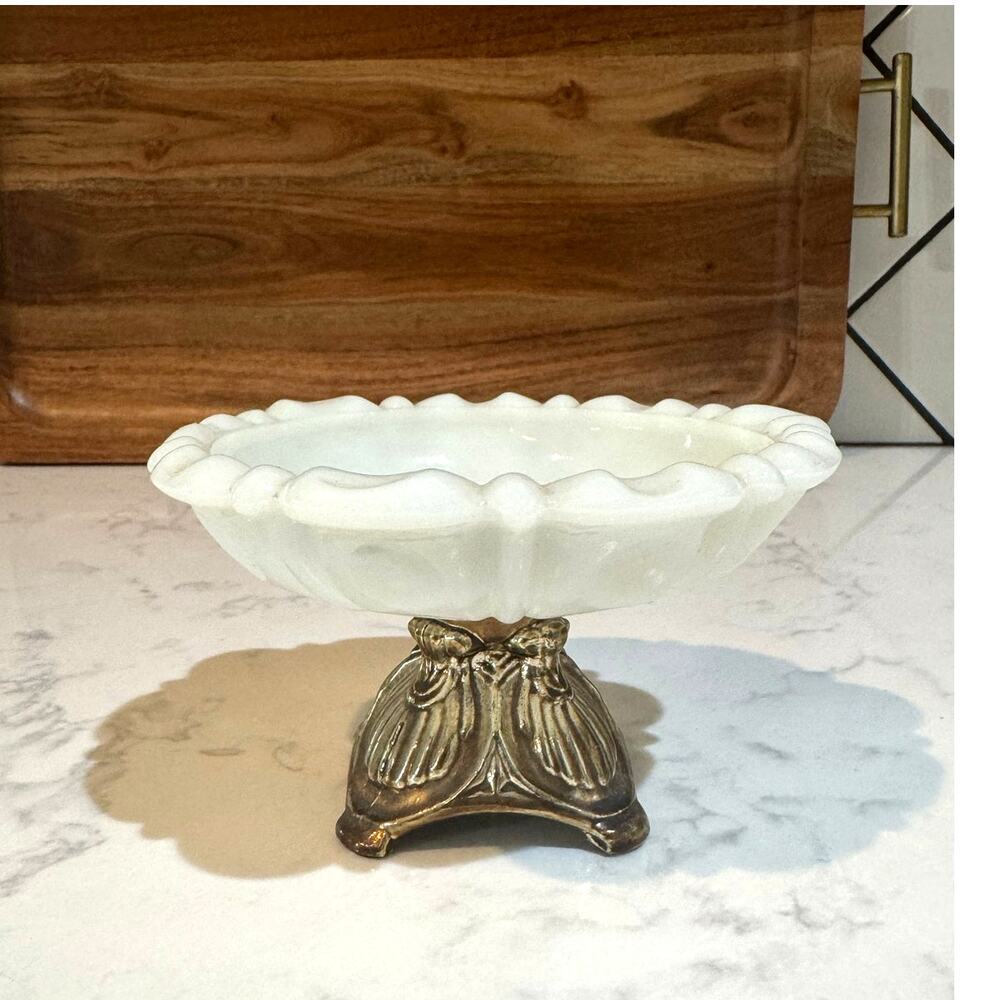 vintage milk glass scalloped edge trinket dish on decorative colored metal stand
